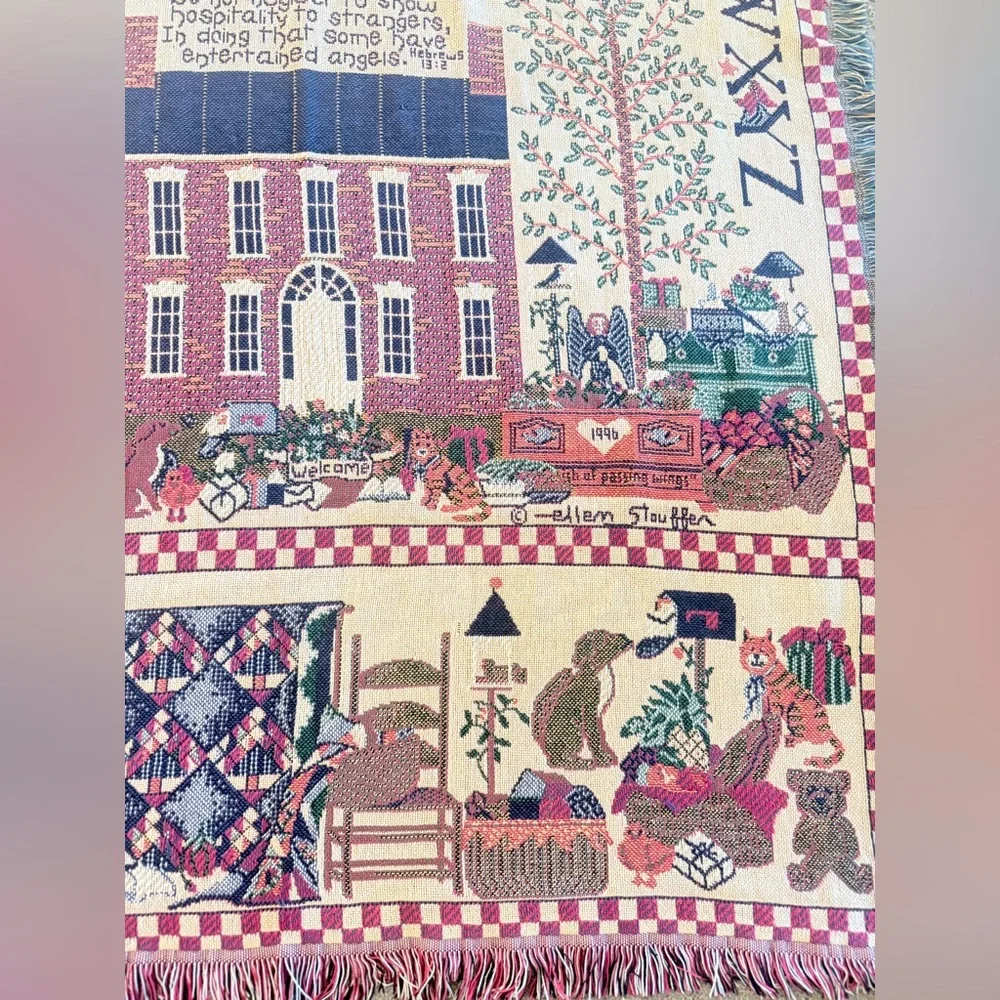 VTG Goodwin Angel ABCs Tapestry Throw Blanket Fringe 1996 Ellen Stouffer 68”x46”